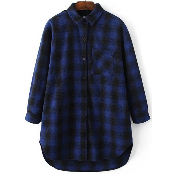 Blue Plaid Checkers Country Boyfriend Long Sleeves Blouse