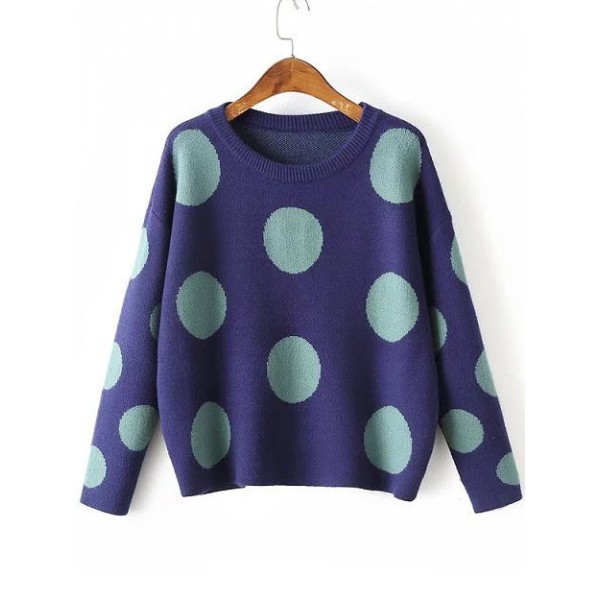 Blue Polka Dot Round Neck Sweater Knitwear