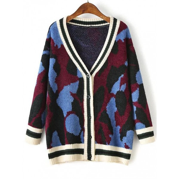 Blue Purple Leopard Print Button Up Sweater Coat