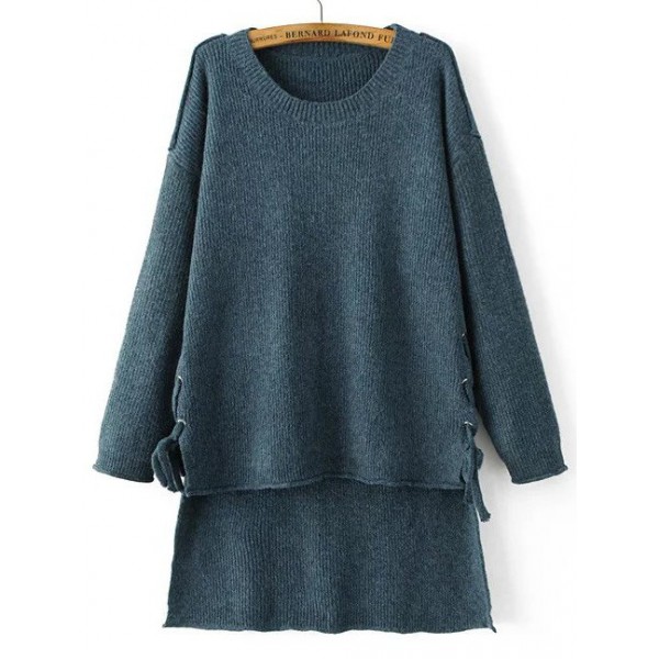 Blue Round Neck Lace Up Long Sleeves Sweater
