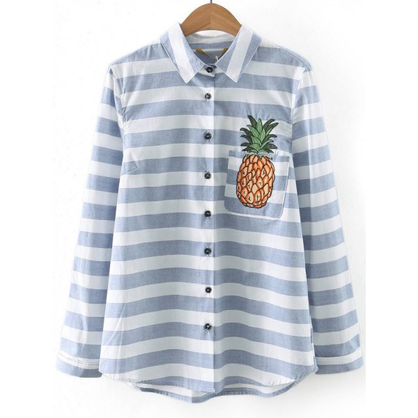 Blue Stripes Pineapple Embroideried Pocket Long Sleeves Blouse