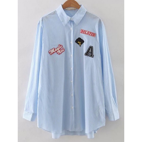 Blue Vertical Stripes Delayed Cloud Patch Long Sleeves Shirt Blouse