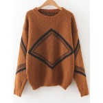 Brown Diamond Print Drop Shoulder Winter Sweater