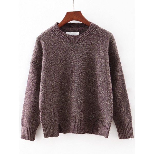 Brown Round Neck Split Winter Sweater Knitwear