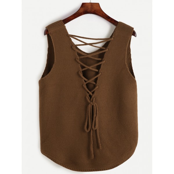 Brown Sleeveless Vest Lace Up Sweater