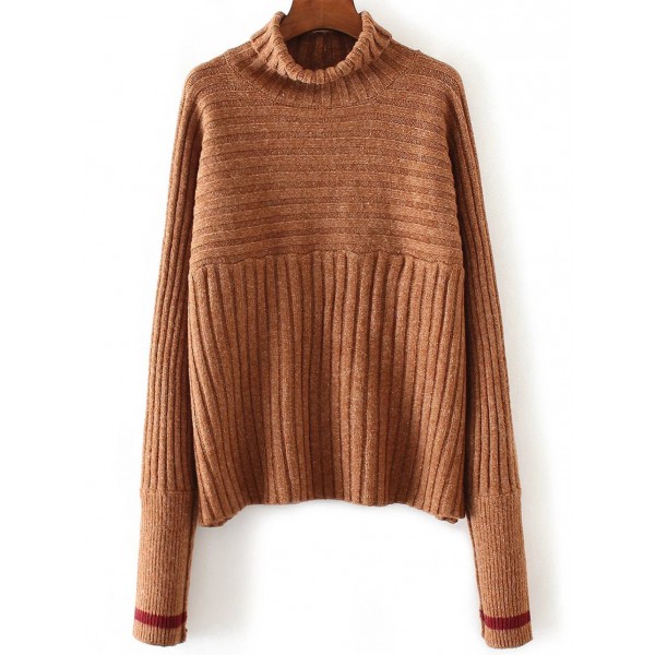 Brown Turtleneck Contrast Lines Ribbed Winter Sweater