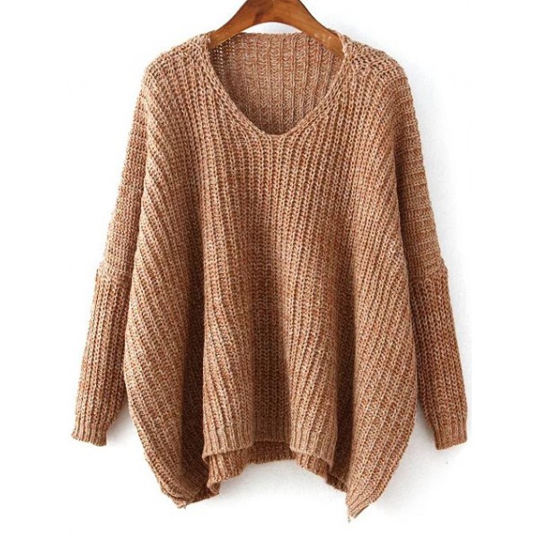 Brown V Neck Batwing Long Sleeves Loose Sweater