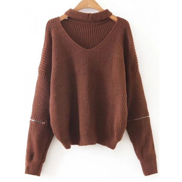 Brown V Neck Loose Zipper Long Sleeves Sweater
