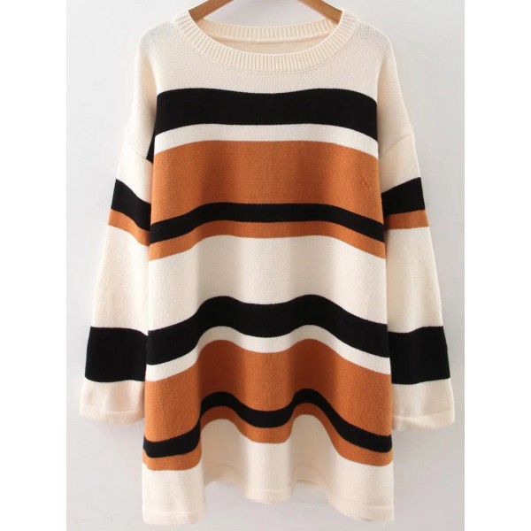 Brown White Lines Stripes Drop Shoulder Loose Winter Sweater