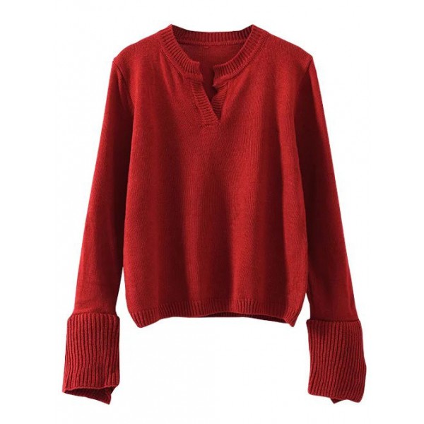 Burgundy Neck Bell Long Sleeves Sweater