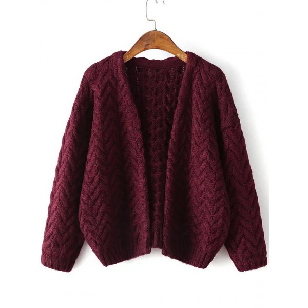 Burgundy Red Open Front Long Sleeves Loose Sweater Jacket