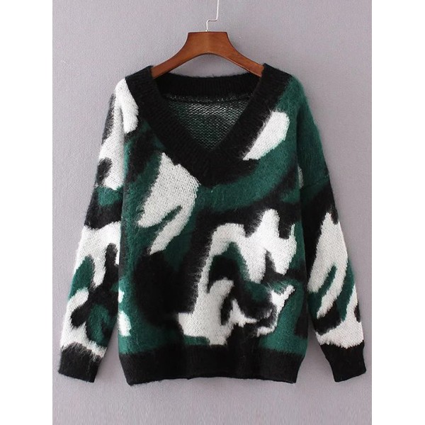 Dark Green Army Camouflage Drop Shoulder Sweater