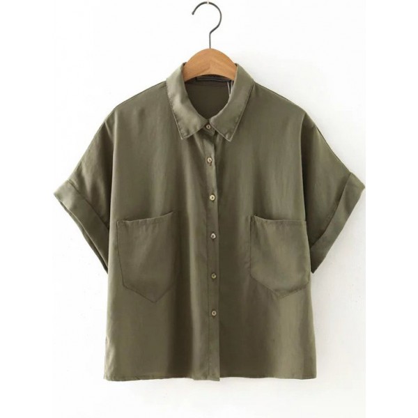 Green Army Roll-up Cuff Mid Sleeves Cropped Shirt Blouse