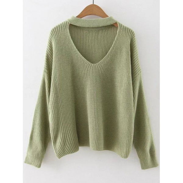 Green Choker V Neck Loose Sweater