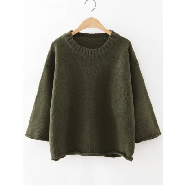 Green Dark Round Neck Long Sleeves Loose Sweater