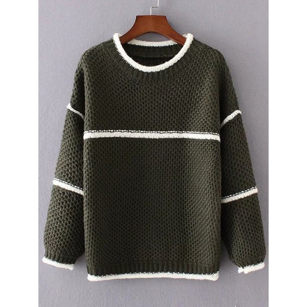 Green Dark White Lines Striped Loose Sweater