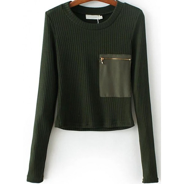Green Dark Zipper Pocket Lines Knitted Winter Sweater 