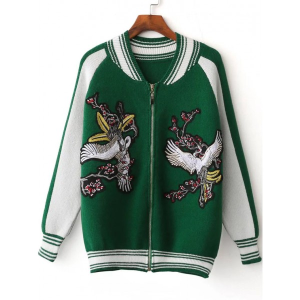 Green White Crane Embroidery Bird Zipper Sweater Coat