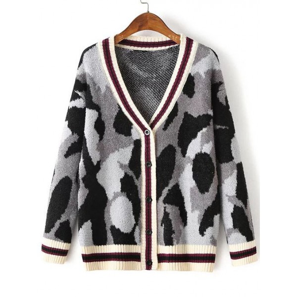 Grey Black Leopard Print Button Up Sweater Coat