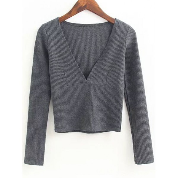 Grey Deep Low V Neck Crop Sweater Knitwear