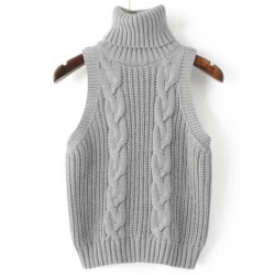 Grey Knit Pattern Turtleneck Sleeveless Sweater Vest