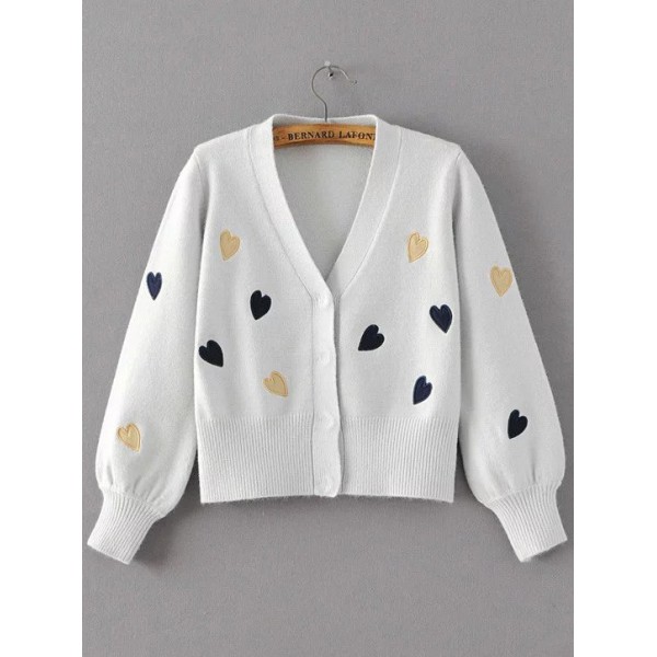 Grey Light Black Heart Embroidery Long Sleeves Sweater Coat