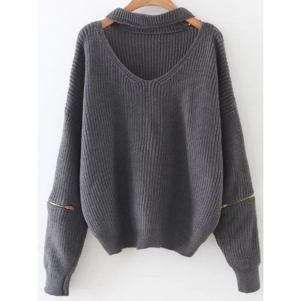 Grey Long Sleeves V Neck Zipper Winter Sweater