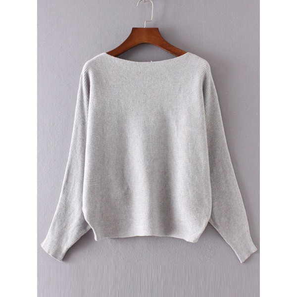 Grey Loose Boat Neck Batwing Long Sleeves Sweater