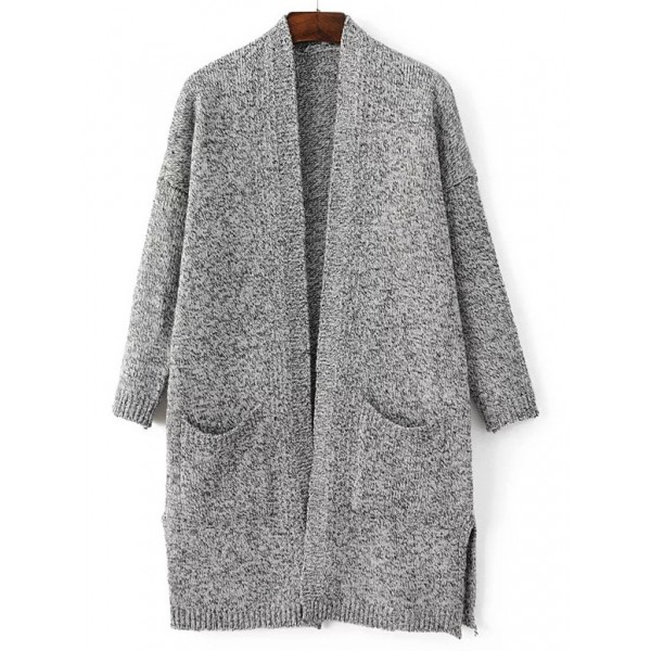 Grey Open Side Pocket Long Coat Cardigan
