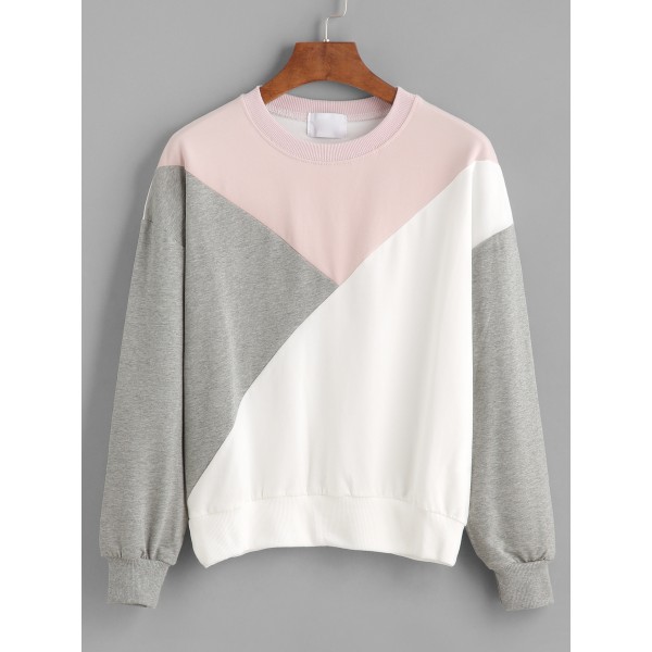 Grey Pink White Geometric Long Sleeves Sweatshirt