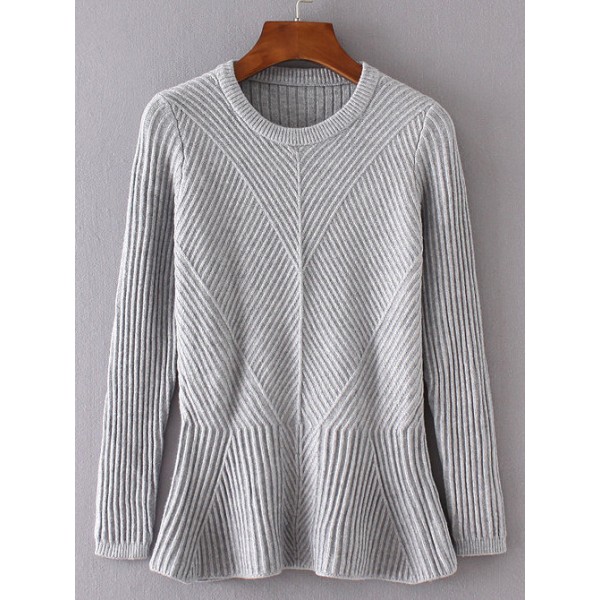Grey Round Neck Ruffle Ribbed Casual Sweater