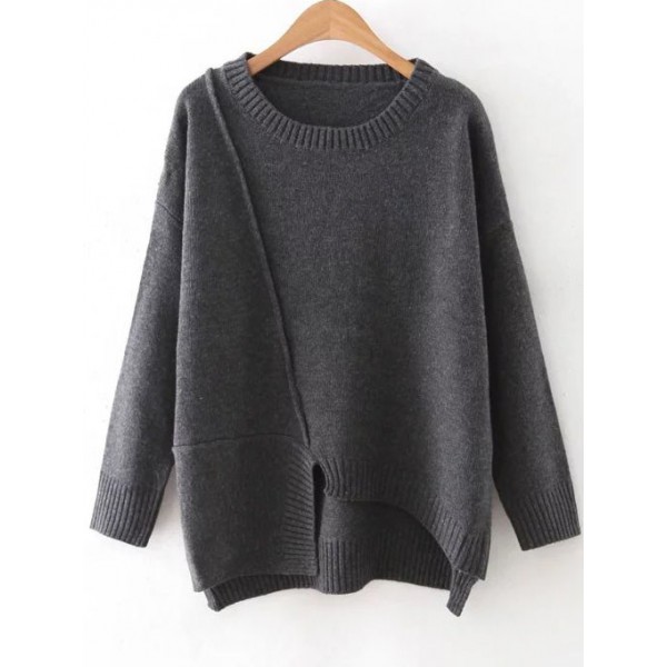 Grey Round Neck Slit Trim Winter Sweater