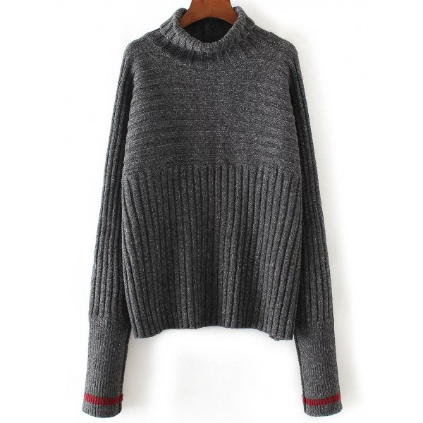Grey Turtleneck Lines Ribbed Winter Sweater