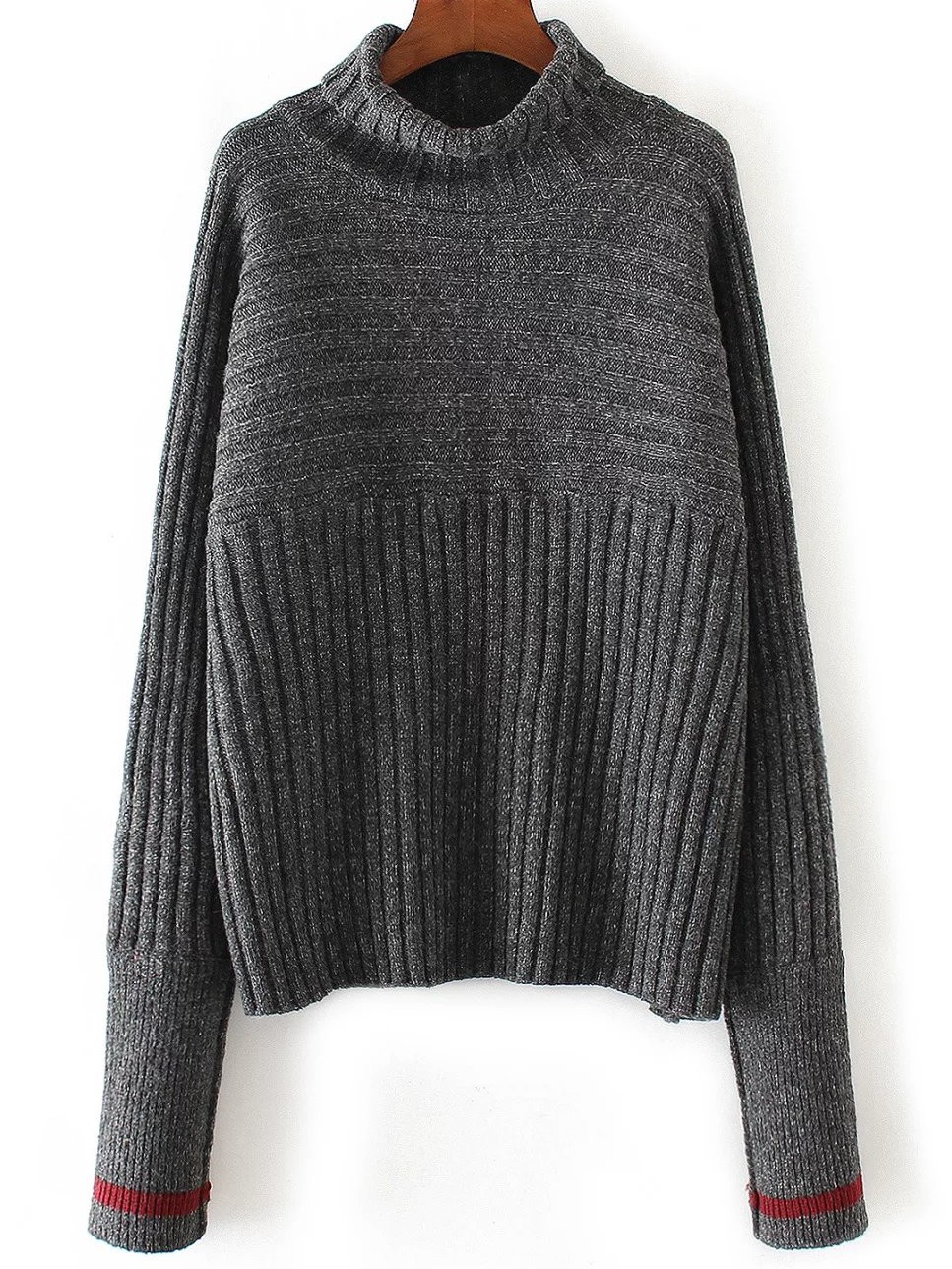 Grey Turtleneck Lines Ribbed Winter Sweater