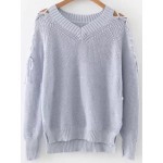 Grey V Neck Lace Up Long Sleeves Sweater