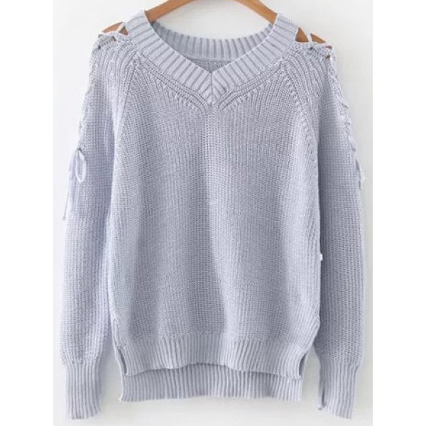 Grey V Neck Lace Up Long Sleeves Sweater