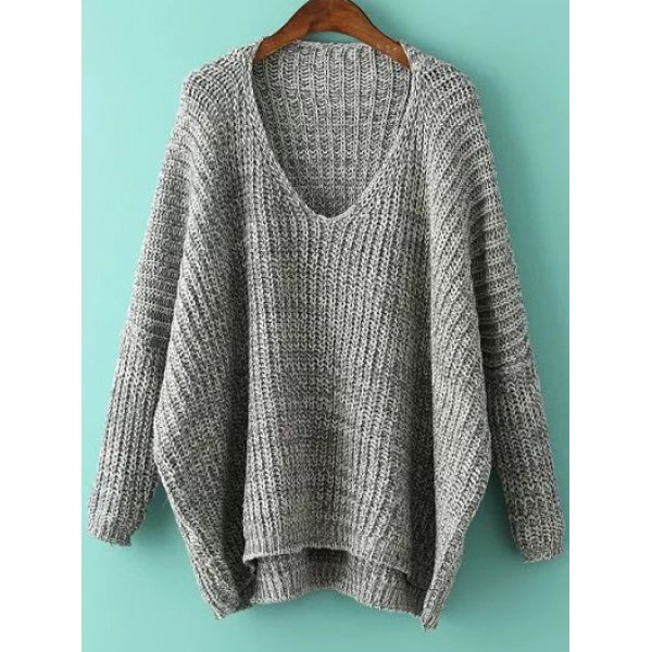 Grey V Neck Loose Batwing Long Sleeves Winter Sweater
