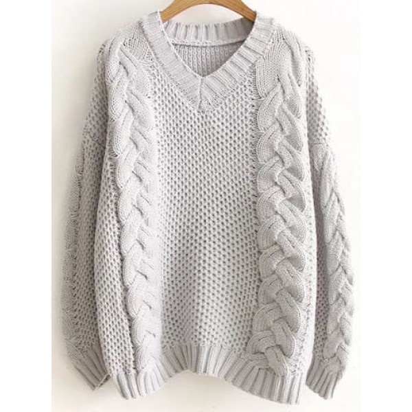 Grey V Neck  Loose Knit Pattern Winter Sweater