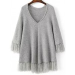 Grey V Neck Tassels Fringe Trim Oversized Long Winter Sweater