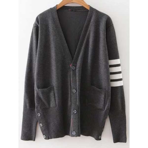 Grey White Striped Button Up Cardigan Coat