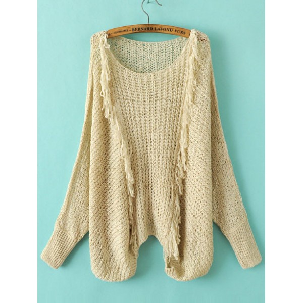 Khaki Loose Hollow Out Batwing Sleeve Winter Sweater