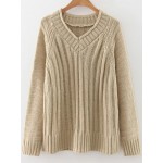 Khaki V Neck Loose Long Raglan Sleeve Winter Sweater