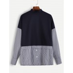 Navy Blue Turtle Neck Layered Long Sleeves Stripes Blouse Shirt