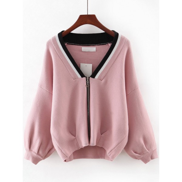 Pink Black Collar V Neck Zipper Winter Sweater