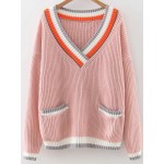 Pink Colorful Block V Neck Loose Pocket Sweater