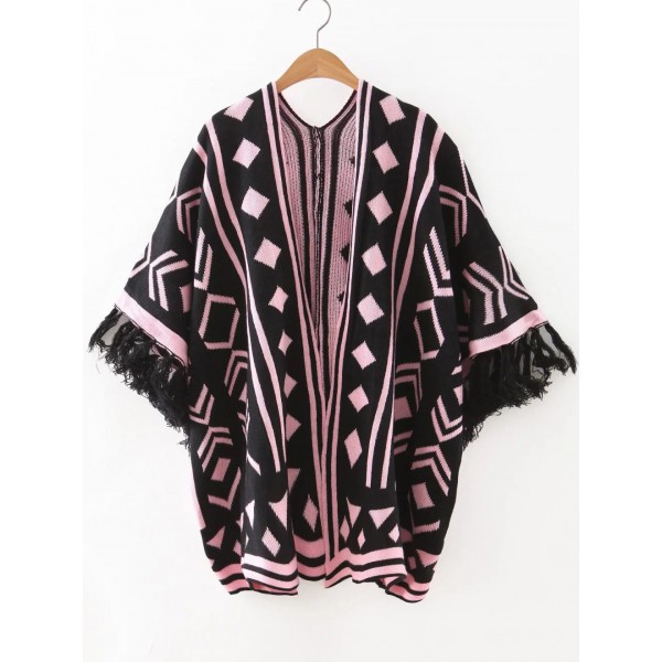 Pink Geometric Square Cuff Cape Winter Sweater