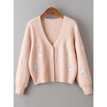 Pink Heart Embroidery V Neck Button Up Sweater Coat