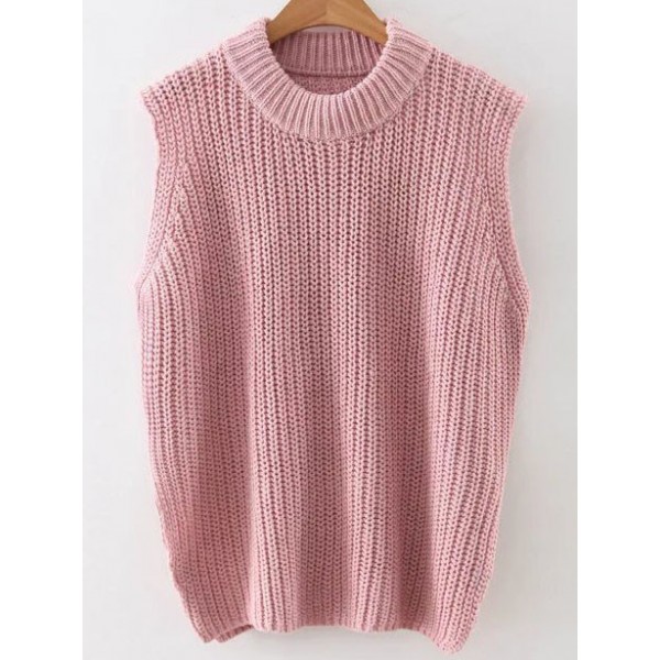 Pink Round Crew Neck Side Slit Sleeveless Sweater Vest