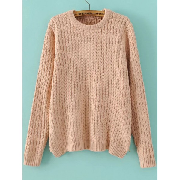Pink Round Neck Long Sleeves Cable Winter Sweater