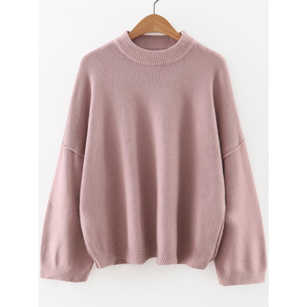 Pink Round Neck Loose Drop Shoulder Winter Sweater 